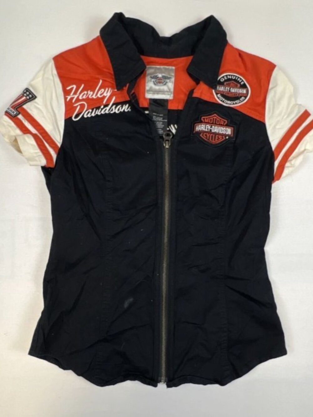 Harley-Davidson Women XS Black Orange Full Zip Short Sleeve Collared Shirt